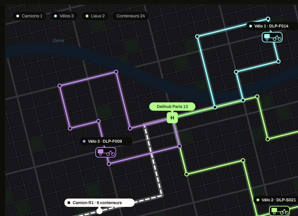 DeliOS : carte des tournées camion et vélo autour du Delihub Paris 13.